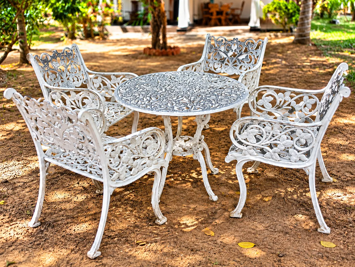 White cast-iron chairs in the garden shade