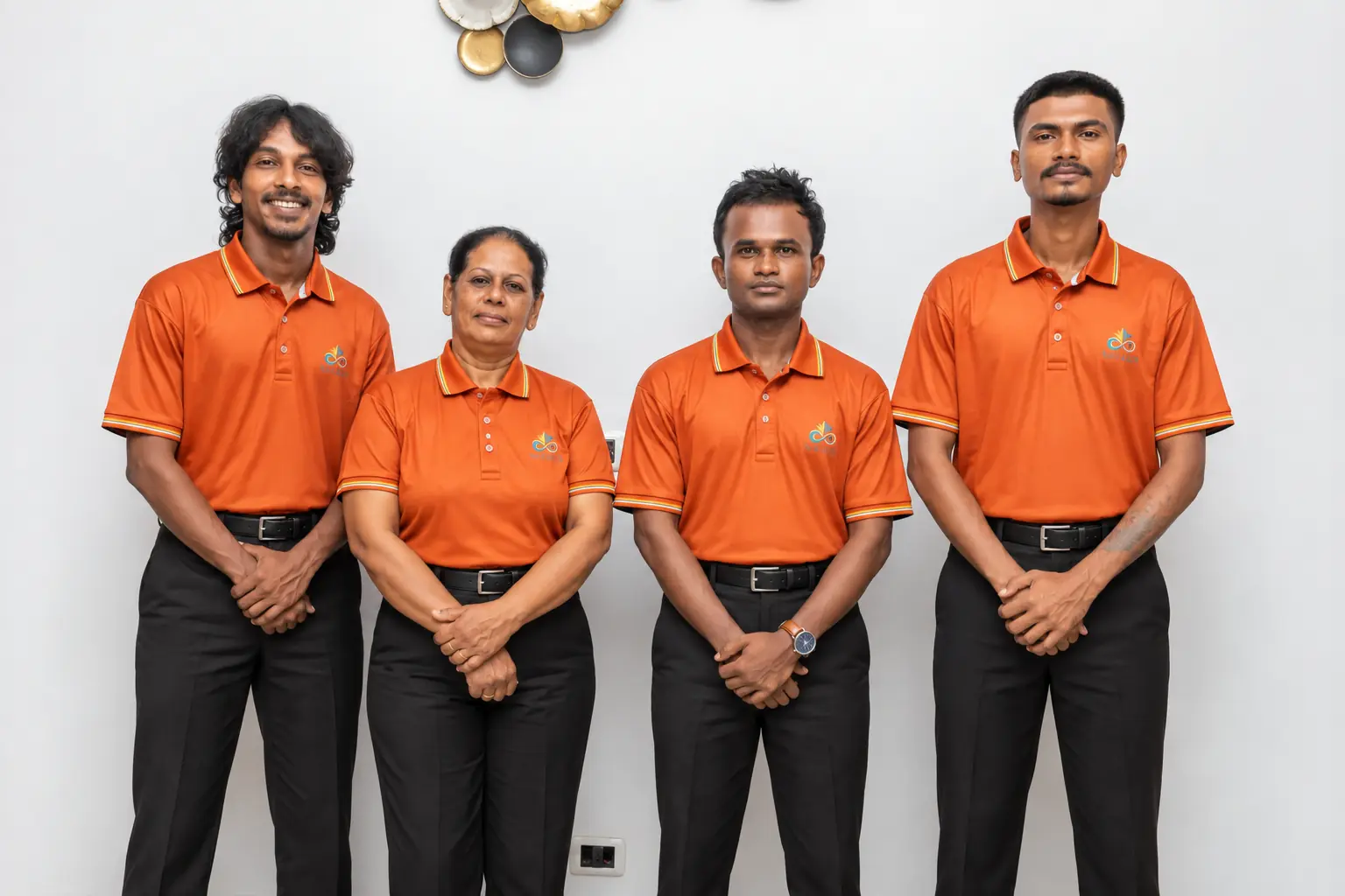 The Natarich team in their orange uniforms, ready to welcome you